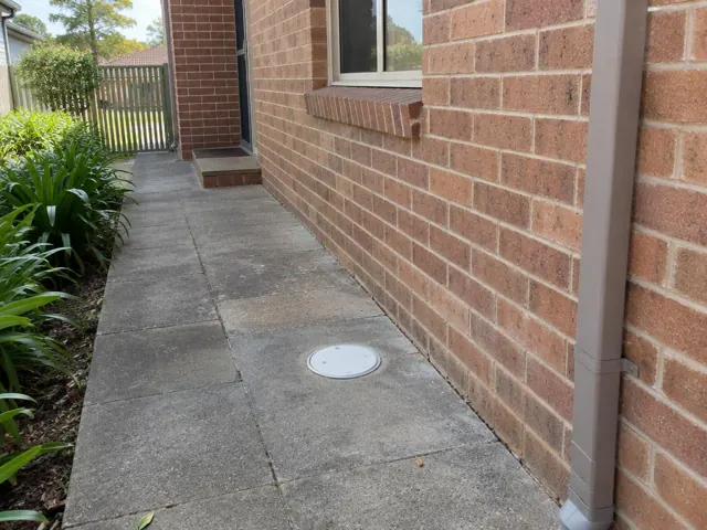 Brick house side path with a round drain cover set in concrete paving in St Ives