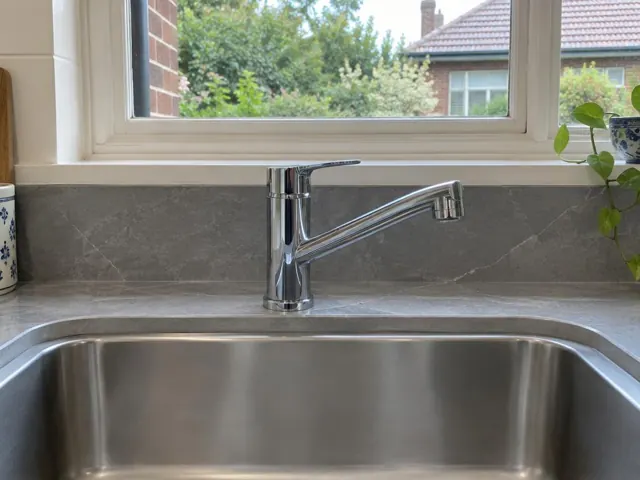 Chrome kitchen tap above a stainless sink with grey stone bench and window above in Killara
